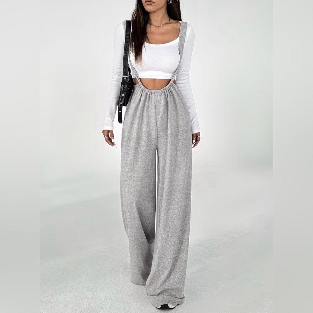 Wide Leg Suspender Pants in Light Gray